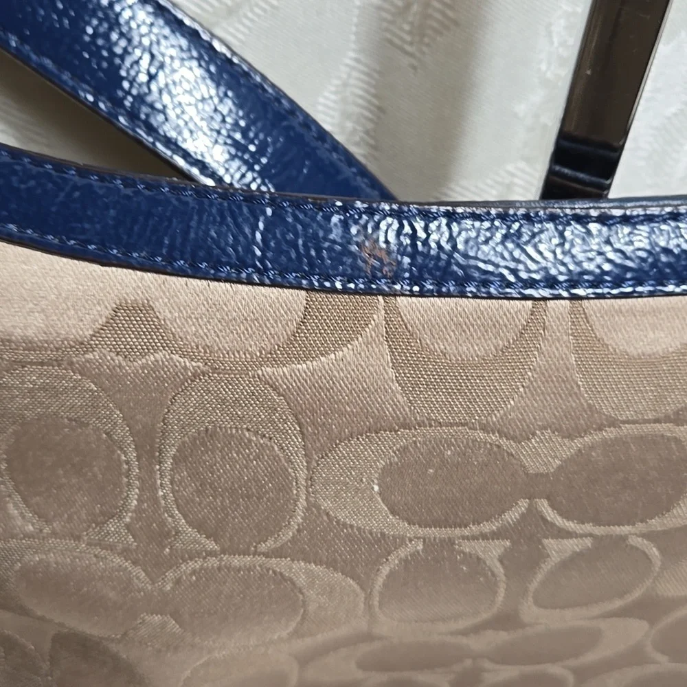 Coach Penelope Tan and Blue Satin With Patent Leather Crossbody Bag